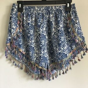 Tasseled Shorts Blue White XL Printed Textile